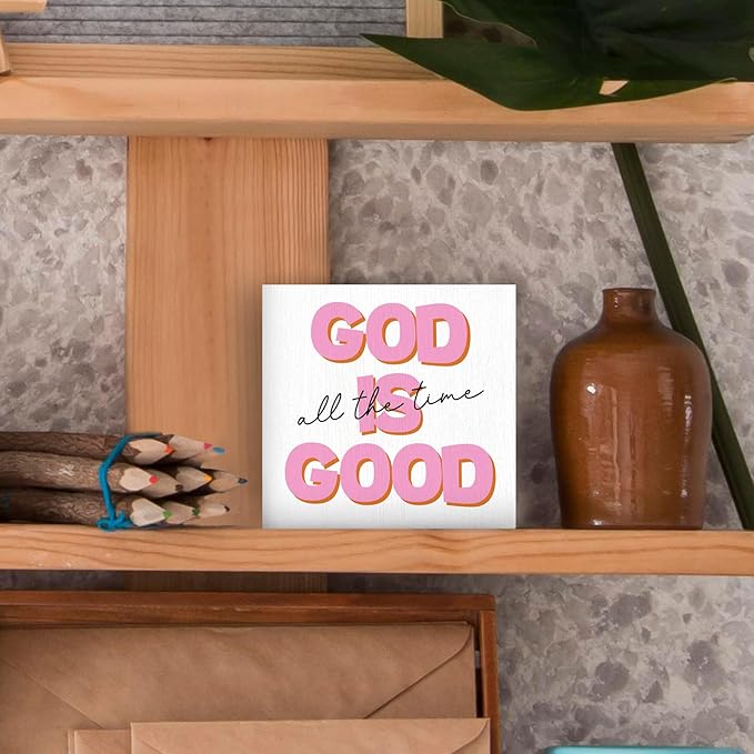 Christian Wood Box Sign - Inspirational Quotes Desk Shelf Decor, Bible Verse Decor, God is Good All the Time Pink Christian Wooden Block Plaque Box Sign for Teen Girl Room Dorm Decorations