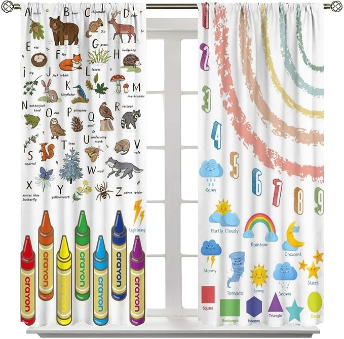 Kids Alphabet Curtain, Funny Cartoon Animal Rainbow Learning, Educational Boys Girls Children Printed Rod Pocket Window Treatments for Bedroom Living Room Nursery Decor 42" W X 45" L
