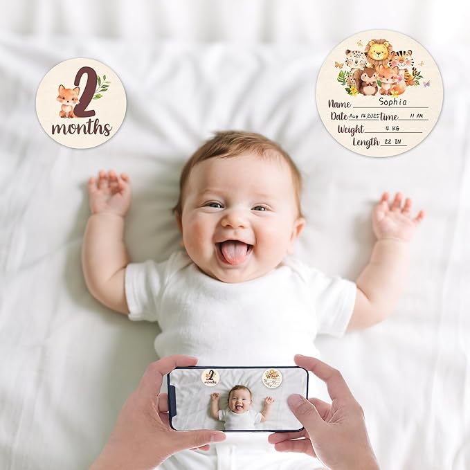 Baby Monthly Milestone Cards Sign - 13 Double Sided Little Animals Milestone Cards, Fox Pattern Wooden Circles Discs for Photo Props Cat Newborn Announcement Marker, Baby Shower Newborn Sign Gift Set