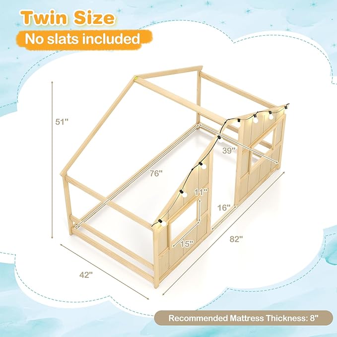 Twin Montessori Floor Bed with Roof, LED Light, Wood House Bed Frame with Headboard and 2 Windows, Low to Ground Cute Playhouse Bed for Kids, Girls, Boys, Without Slats (Natural)