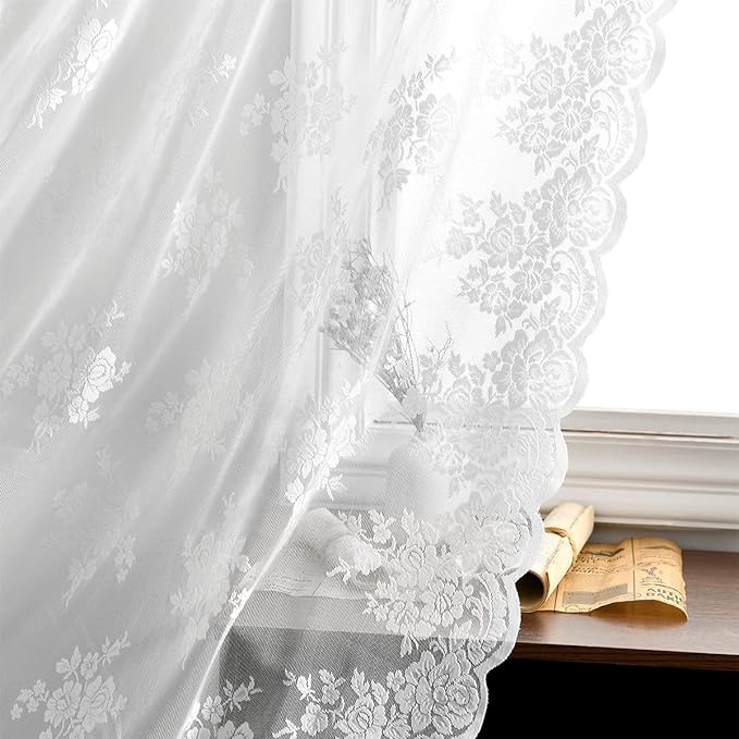 Kotile White Lace Curtains 108 Inches Long 2 Panels Country Rustic Floral Knitted Sheer Curtains for Living Room, Rod Pocket Privacy Vintage Lace Window Curtain 9FT, 52 x 108 Inch