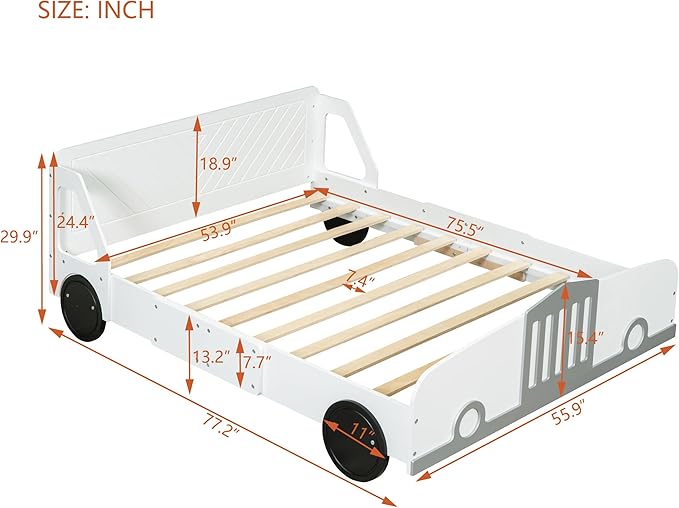 Full Size Car-Shaped Platform Bed with Wheels, Solid Wood Car Bed Frame with Strong Slatted Support for Kids Teens Boys Girls Bedroom, Fun Play Design Kids Floor Bed (White-WL55)