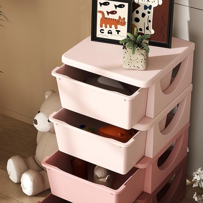 Qaba 4 Tier Kids Storage Unit, 4 Drawer Chest Toy Organizer Plastic Bins for Kids Bedroom Nursery Kindergarten Living Room for Boys Girls Toddlers, Pink