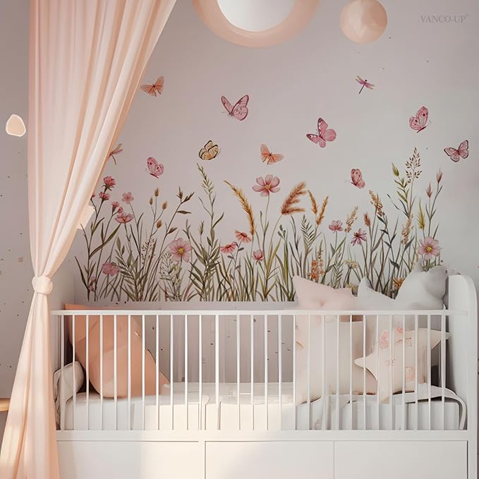 Boho Flower Wall Decals Foxtail Grass Plants Wildflower Floral Leaves Butterflies Dragonflies Wall Stickers for Bedroom Living Room Wall Art Décor
