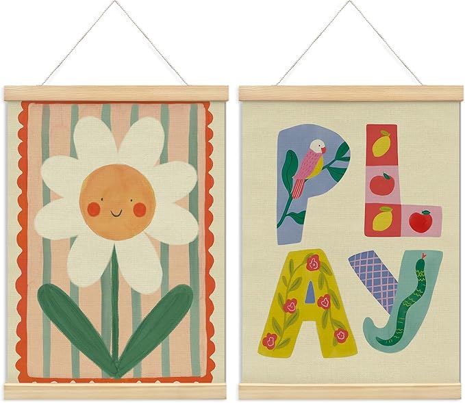NaZaUK Playroom Wall Decor, Boho Kids Girl Nursery Wall Art, Playroom Calming Corner Classroom Counseling Office Poster Hanger Frame, Play Poster for Kids Bedroom, 12x16 Inch, Set of 2