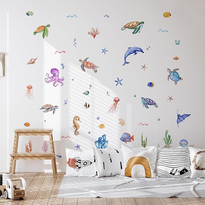 9 Sheets Under The Sea Wall Stickers Decals, ULENDIS Ocean Animal Sea Turtle Seaweed Whale Fish Wall Sticker, Removable Marine Themed Wall Decorations for Nursery Bedroom Bathroom Living Room
