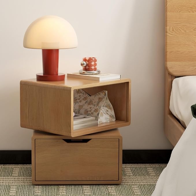 360° Rotatable Oak Nightstand with Drawer, Mid Century Modern Nightstands, Solid Wood Night Stand with Open Shelf, Small Oak Bedside Tables for Small Spaces, Bedroom(Natural, 18.43" H)