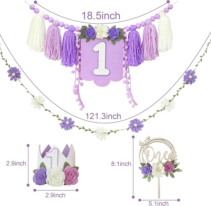 Wildflower 1st High Chair Banner Birthday Decorations For Girl One Flower Cake Topper Floral Hat Birthday Decoration Supplies