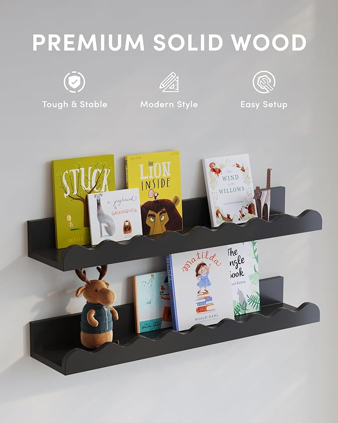 Kids' Bookshelf Set of 4 - Black Floating Nursery Book Shelves, Picture Ledge Shelf for Wall Decor and Storage - Perfect for Books, Toys, Photo Frames, and Nursery Décor