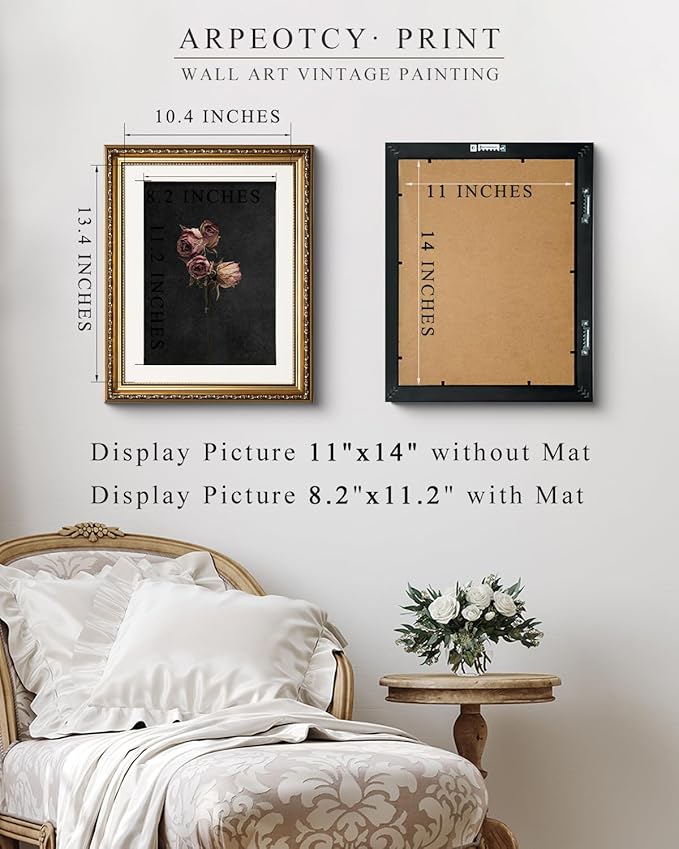 ARPEOTCY Vintage Gold Framed Wall Art, Retro Dark Dried Rose Paintings, Floral Canvas Prints Artwork with Antique Frame, Victorian Wall Picture Decor for Room Gallery Living Room 13x16 inch