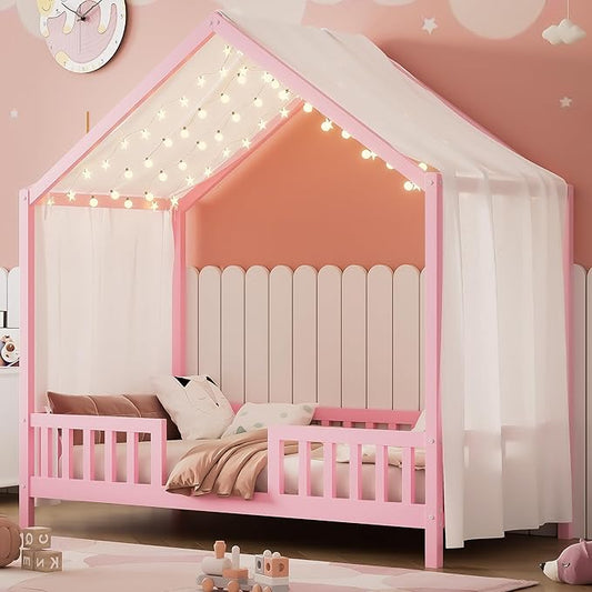 Montessori Floor Bed with Canopy, High Railings and Roof, Twin Size Wood House Bed Frame for Kids Bedroom (Pink/C2)