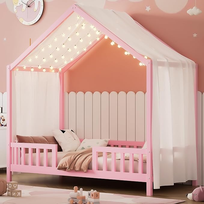Bellemave Twin House BedFrame with Canopy, Montessori Floor Bed, House Bed with Rails for Kids, Pink