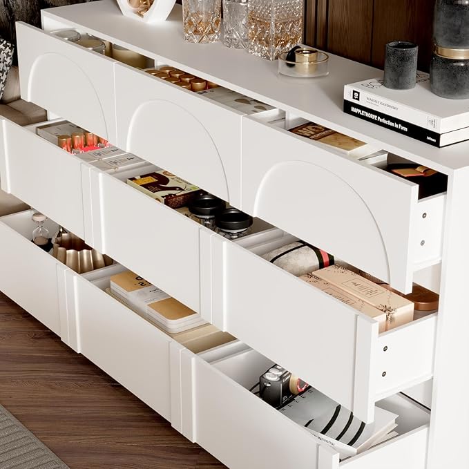 9 Drawer Dresser Chest of Drawers, Modern White Dresser for Bedroom, 63” Wide Drawer Chest, No Handles, Arch-Shape Pattern, 9 Drawer Cabinet, 13.8”D x 63”W x 31.5”H