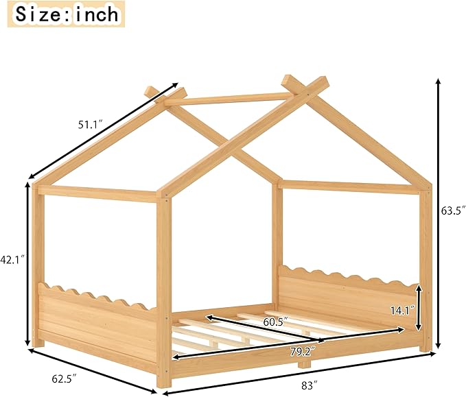 Queen Size Wooden House Floor Bed - Kids Bed Frame with Roof & Support Slats for Bedroom, No Box Spring Needed, Easy Assembly (Natural)