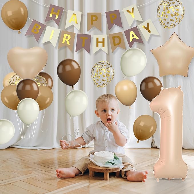 Brown Neutral 1st Birthday Decorations for Boys and Girls, Brown Beige Cream Balloons with 40 Inch Number 1 Foil Balloons Birthday Banner for 1 Year Old Boho Baby Shower Boho Party Decor