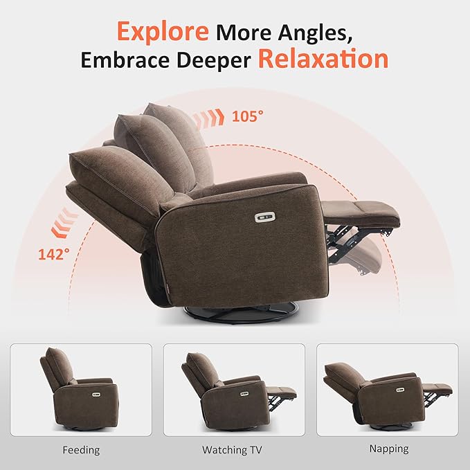 MCombo Swivel Glider Rocker Power Recliner Chair, Electric Swivel Rocker Recliner with USB Charging Ports for Living Room and Nursery, Fabric 6922 (Brown)