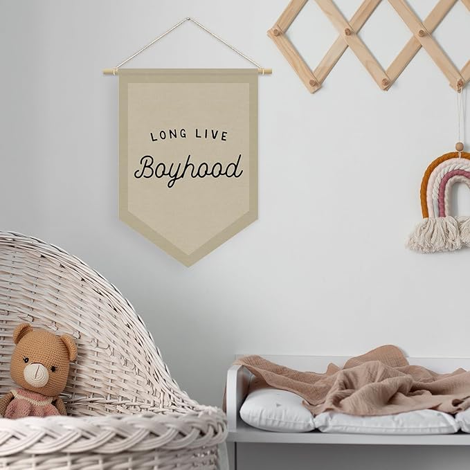 Boys Room Decor, Long Live Boyhood Linen Canvas Banner, Boy Nursery Wall Hanging Pennant Flag Banner for Boys Kids Toddler Room Bedroom Playroom Decor, 15x11in - Neutral