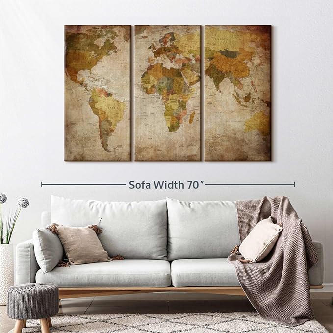 ElephantStock World Map Multi Piece Canvas - 3 Piece Canvas World Map Wall Decor - Wall Decor - Ready-to-Hang Print - Vintage Wall Art - 57" X 36"