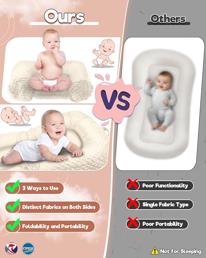 Baby Lounger Pillow : 2-in-1 Infant Lounger for Newborn 0-48 Months, Portable Tummy Time Mat for Home and Travel, Breathable & Soft Baby Seat for Baby, Babies Essentials Gifts