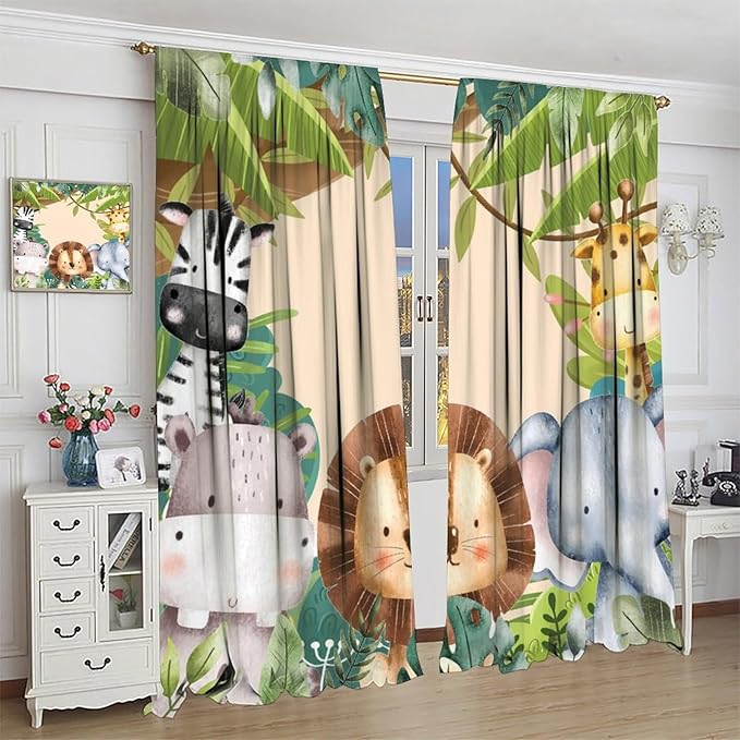 Jungle Animals Curtains Colorful Forest Cartoon Wildlife Lion Giraffe Elephant for Kids Boys Girls Nursery Bedroom Living Room Blackout Rod Pocket Decoration Window Drapes 2 Panels W21xL63in