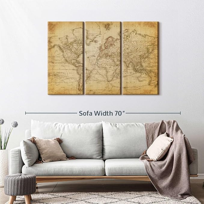 ElephantStock Old Century World Map Wall Art Multi Piece Canvas - 3 Piece Canvas World Map Wall Decor - Ready-to-Hang Print - Vintage Wall Art - 50" X 32"