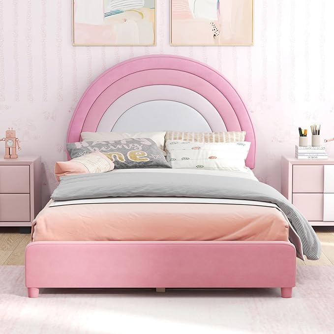 Costzon Twin Bed Frames with Adjustable Headboard, 660 LBS Weight Capacity Upholstered Wooden Kids Bed w/Slats Support, No Box Spring Needed, Easy Assembly, Twin Platform Bed Frame (Pink Rainbow)