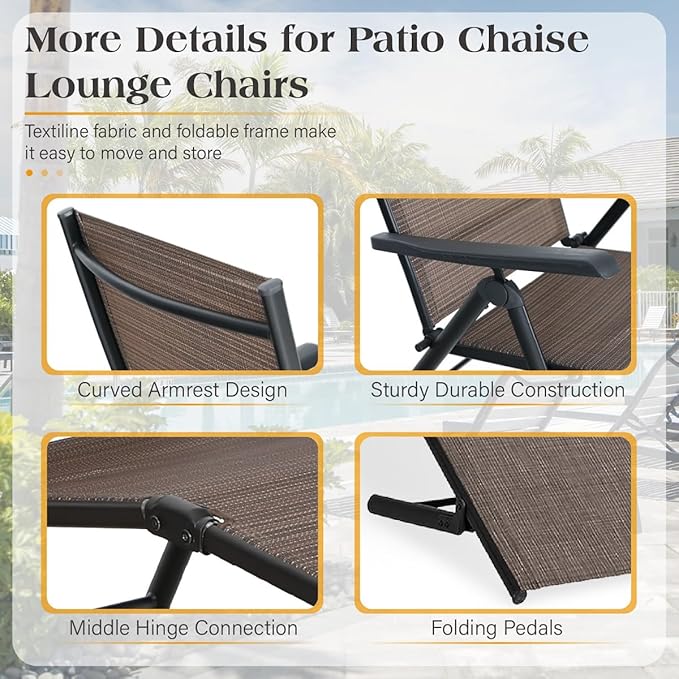 MFSTUDIO 2 Piece Outdoor Folding Patio Chaise Lounge Chairs, Set of 2 Outdoor Textiline Recliner Chairs Patio Lounge with 7 Position Adjustable for Beach, Backyard, Poolside, Lawn(Brown)