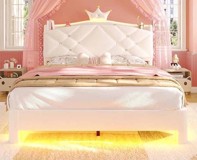 MSmask Full Bed Frame with LED Lights, Princess Upholstered Bed with Headboard with Charging Station & Crystal Button & Crown, Velvet Platform Bed for Girls, Solid Wood Slats, Curved Legs, White