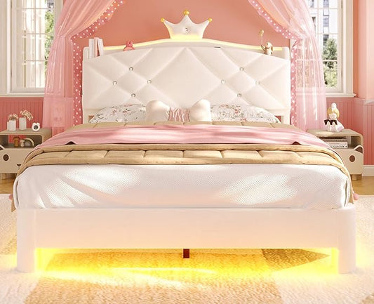 MSmask Full Bed Frame with LED Lights, Princess Upholstered Bed with Headboard with Charging Station & Crystal Button & Crown, Velvet Platform Bed for Girls, Solid Wood Slats, Curved Legs, White