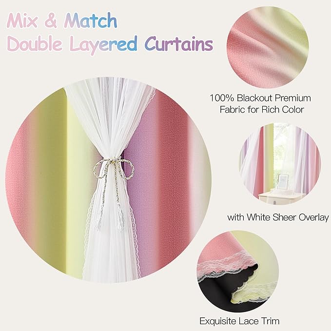 XiDi 100% Blackout Pink and Yellow Girls Curtains for Bedroom 63 Inches Long 2 Panels Nursery Curtains with Sheer Overlay Kids Princess Room Decor Soundproof Light Blokc Grommet Window Drapes 52Wx63L