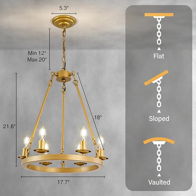 Wagon Wheel Chandelier, 6-Light Gold Round Modern Farmhouse Chandelier with Adjustable Height Hanging Island Light Fixture for High Ceiling Dining Room, Kitchen, Living Room, Entryways, Foyer