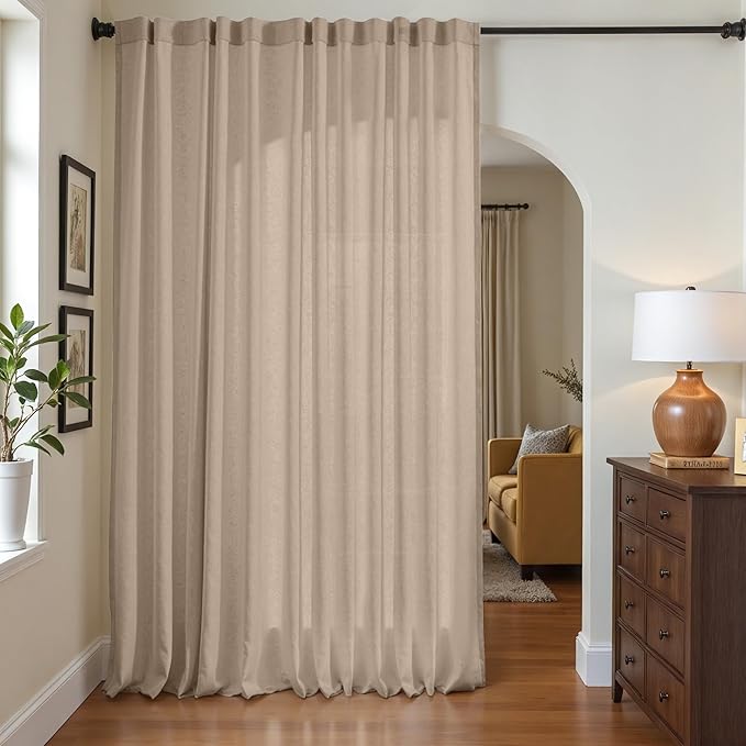 jinchan Taupe Linen Blend Curtain 96 inch Length 1 Panel for Sliding Door, Light Filtering 100 inch Extra Wide Farmhouse Drape with Rod Pocket Back Tab(100W x 96L, Taupe)