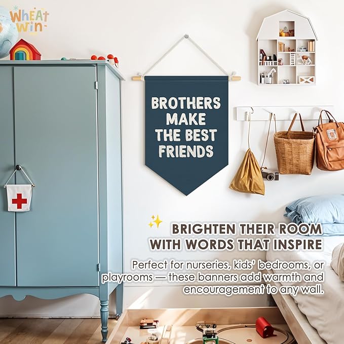 Wheatwin Boys Room Decor, Brothers Make the Best Friends Wall Hanging Pennant Flag Banner, Navy Blue Wall Decor for Nursery Toddler Baby Little Boys Bedroom Playroom 15x11 Inch