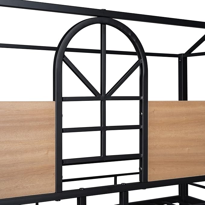 MERITLINE Metal Bunk Bed Twin Over Twin Bunk Bed Frame with Slide,Twin Over House Bed with Guardrails