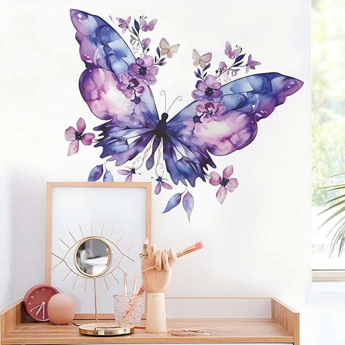 Purple Butterfly Flower Wall Decals Large Blue Butterfly Stickers Colorful Art Decal Removable Peel and Stick Butterflies Wall Decor for Kids Girls Bedroom Nursery Bathroom Decorations