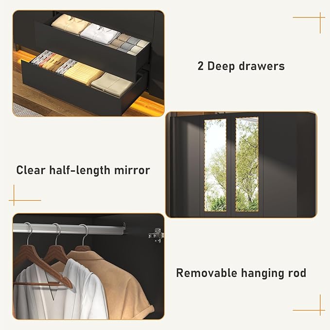 4 Doors Armoire Wardrobe Closet with 3 Drawers & Mirror, Modern Wooden Bedroom Armoires with Hanging Rod Led Lights for Bedroom, Black