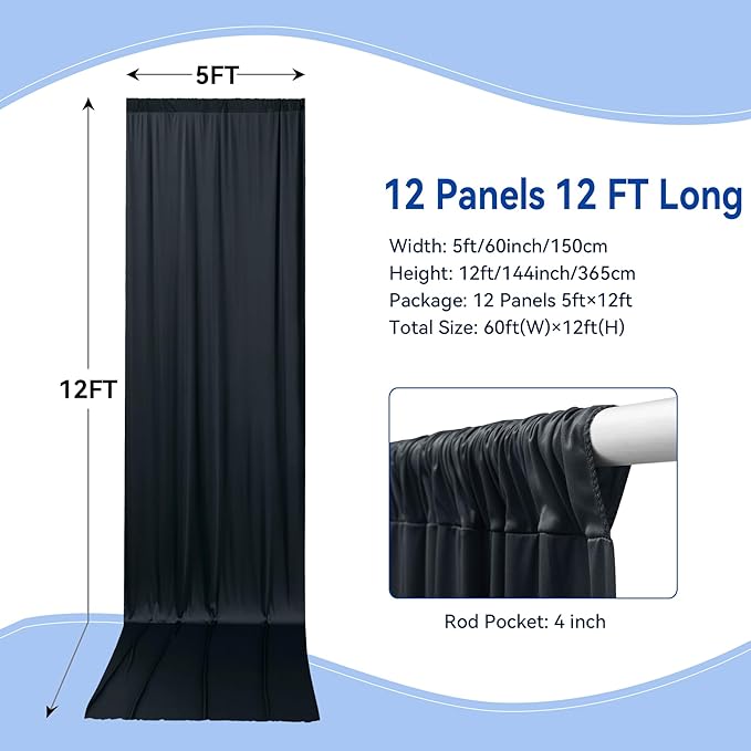 60x12 ft Black Backdrop Curtain, 12 Panels 5x12 ft Long Wrinkle Free Silky Polyester Fabric Wedding Backdrop Drapes Black Photo Back Drop Curtains for Parties Photography Background Cloth