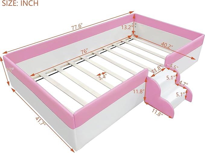 Merax Upholstered Kids' Daybed, Daybed Frame with Fence and Stairs, No Box Spring Needed, Twin Size, Pink+White
