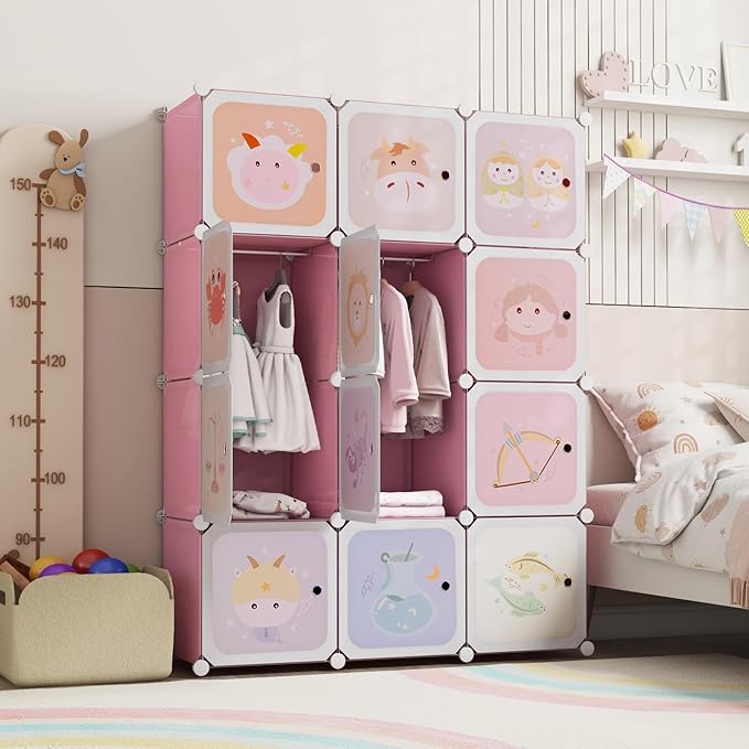 HONEY JOY Kids Wardrobe Closet, Baby Cartoon Clothes Storage Organizer, 12 Cubes & 2 Hanging Sections, Portable Children DIY Modular Bedroom Armoire Dresser Cabinet for Boys Girls (Light Pink)