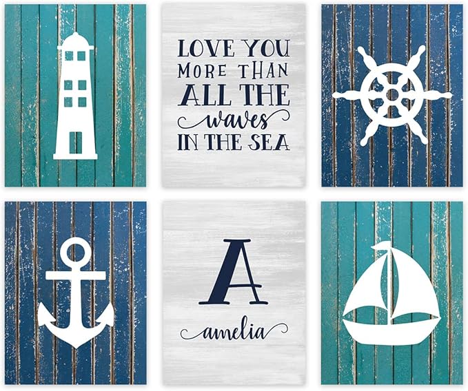 Andaz Press Personalized Ocean Nautical Sailor Theme Nursery Kids Bedroom Hanging Wall Art Decor, 8.5x11-inch, Blue Aqua Rustic Wood, 6-Pack, Custom Name Unframed Poster
