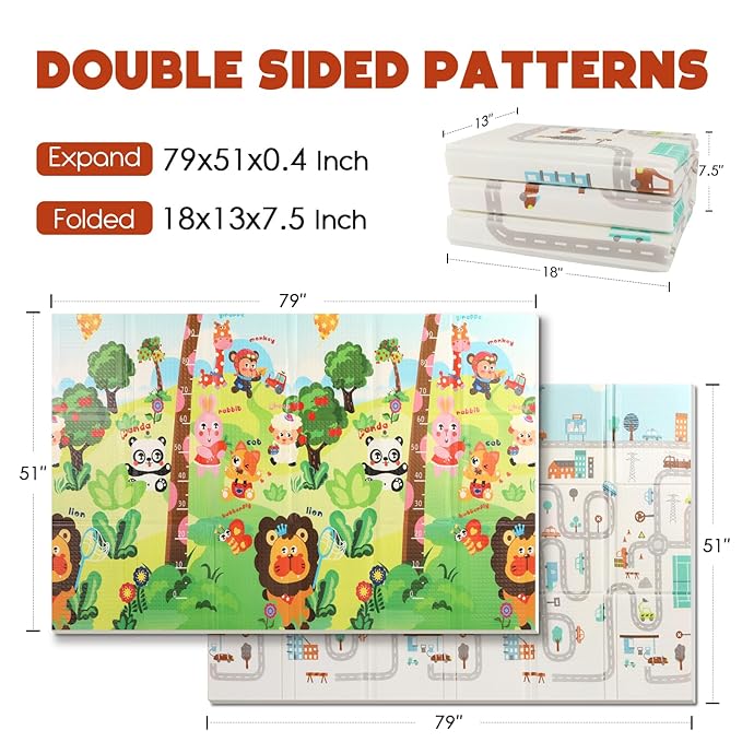 Mergren Foldable Baby Playmat 79"x51"x0.4", Reversible, Double-Sided Crawling Foam Mat for Infants and Toddlers - BPA-Free, Non-Toxic, Anti-Slip,Portable Folding - Indoor and Outdoor Use