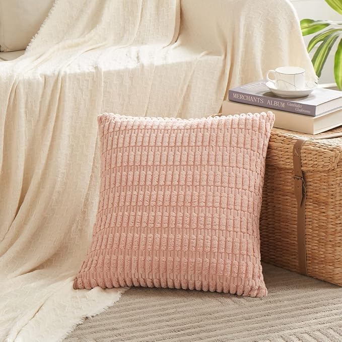 Fancy Homi 2 Packs Blush Pink Decorative Throw Pillow Covers 18x18 Inch for Living Room Couch Bed Sofa, Soft Striped Corduroy Square Cushion Case 45x45 cm, Rustic Farmhouse Boho Home Decor