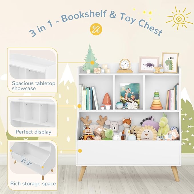 Curipeer Kids Bookshelf and Toy Storage, 3-Tier Wooden Open Bookcase, Baby Book and Toy Storage Display Organizer with Spacious Top Shelf for Children, Family, White(Large Size)