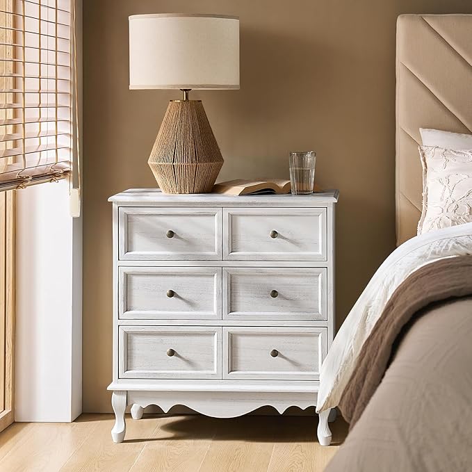 HULALA HOME 3-Drawer Nightstand with Charging Station, Drawer Organizer with Wood Legs, Farmhouse Solid Wood Nightstand(White)