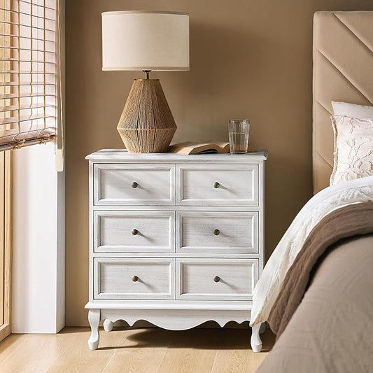 HULALA HOME 3-Drawer Nightstand with Charging Station, Drawer Organizer with Wood Legs, Farmhouse Solid Wood Nightstand(White)