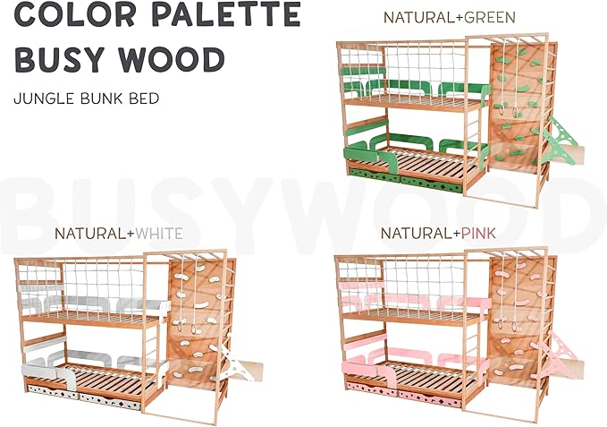 BUSY WOOD Montessori Floor Bed with Rails - Kids Twin Bunk Bed with Storage - Gym Complex for Kids - Jungle Gym Bedframe (BunkBed+Table+2 Drawers (Half-Depth))