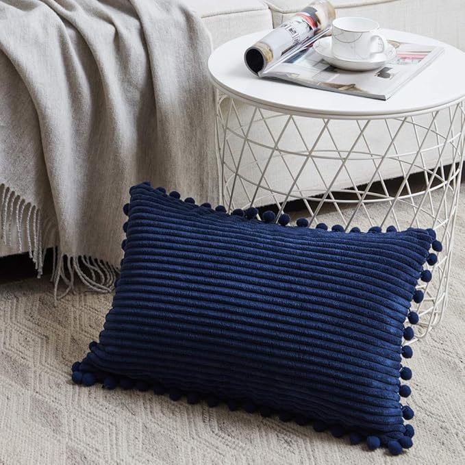 Fancy Homi Pack of 2 Boho Lumbar Decorative Throw Pillow Covers with Pom-poms, Soft Corduroy Solid Rectangle Cushion Cases Set for Couch Sofa Bedroom Car Living Room (12x20 Inch/30x50 cm, Navy Blue)