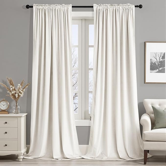 MIULEE Ivory Velvet Curtains Thermal Insulated Blackout Curtain Drapes for Bedroom Living Room Darkening 90 Inches Long Curtains Panels Rod Pocket Set of 2