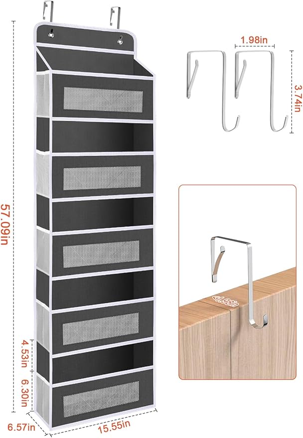 Over The Door Organizer Storage, 5 shelf Hanging Door Organizers with 10 Large Capacity Pockets, Anti Tilt 48 lb Load Behind Door Organizer for Bedroom, Bathroom, Pantry