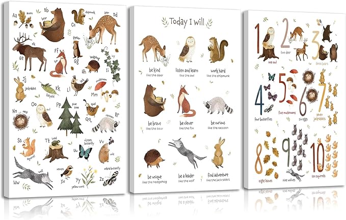 3Pcs Animal Alphabet Numbers Canvas Wall Art Classroom Nursery Painting Educational ABC Poster Prints Kids Playroom Picture Positive Affirmations Animal Wall Decor for Boy Girl Room 16x24in Framed